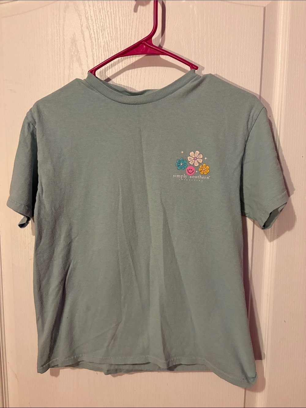 Simply Southern Mint Green Tee with Colorful Floral Chest Logo